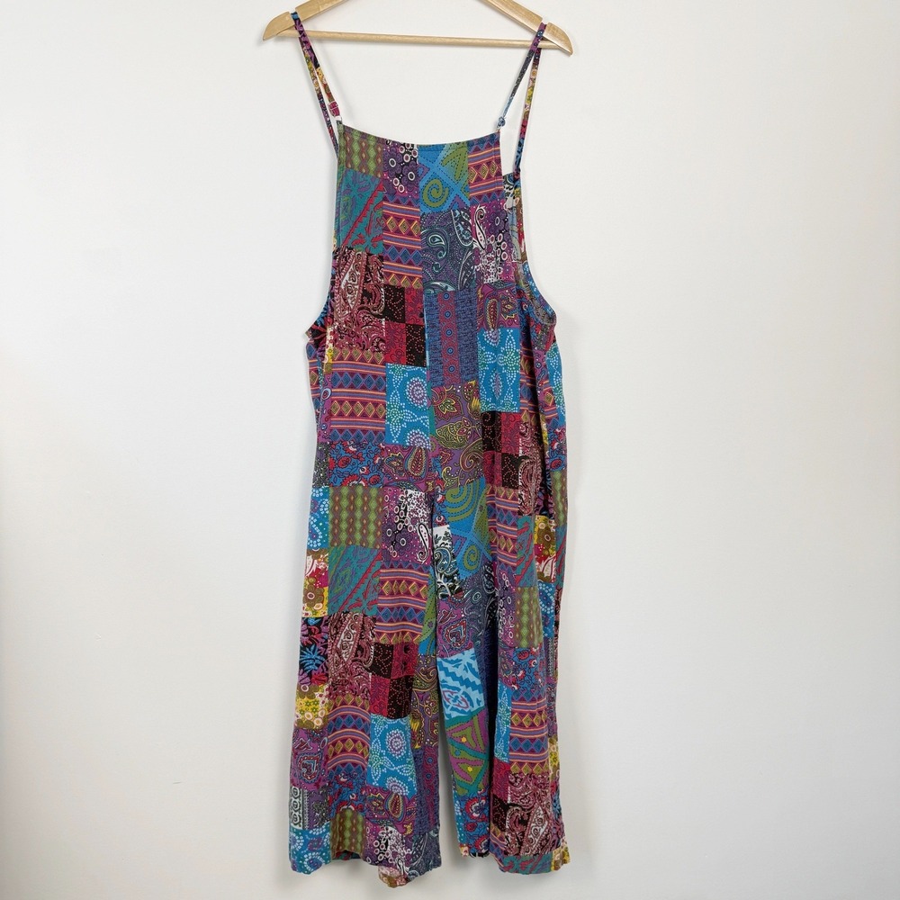 Patchwork Print Cropped Wide Leg Overalls Womens XXL Boho Lightweight Cotton - Picture 2 of 8